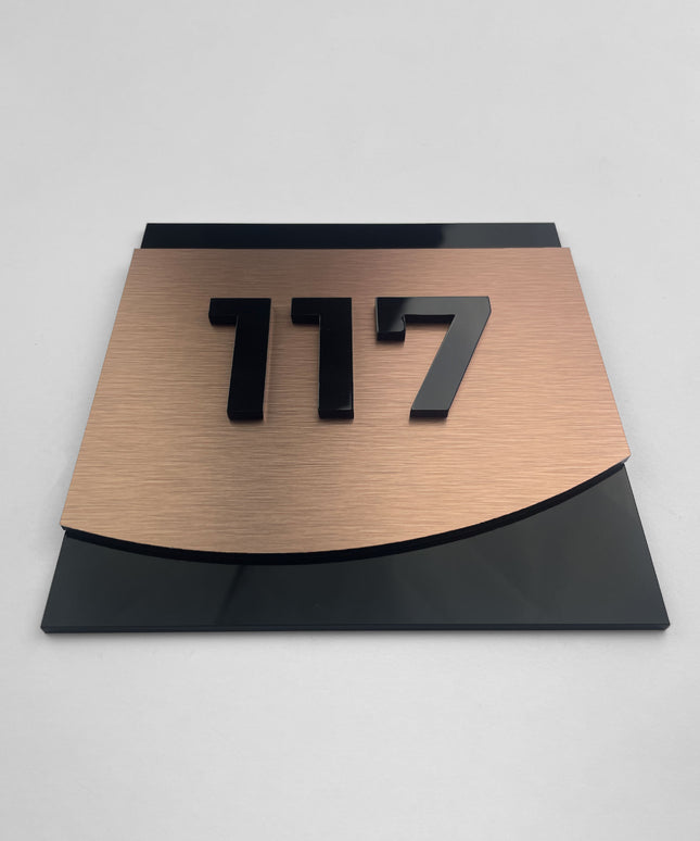 ALUMADESIGNCO bronze hotel door number plaque with 3D layered acrylic numbers, modern signage for hotels, Airbnb properties, and residential buildings