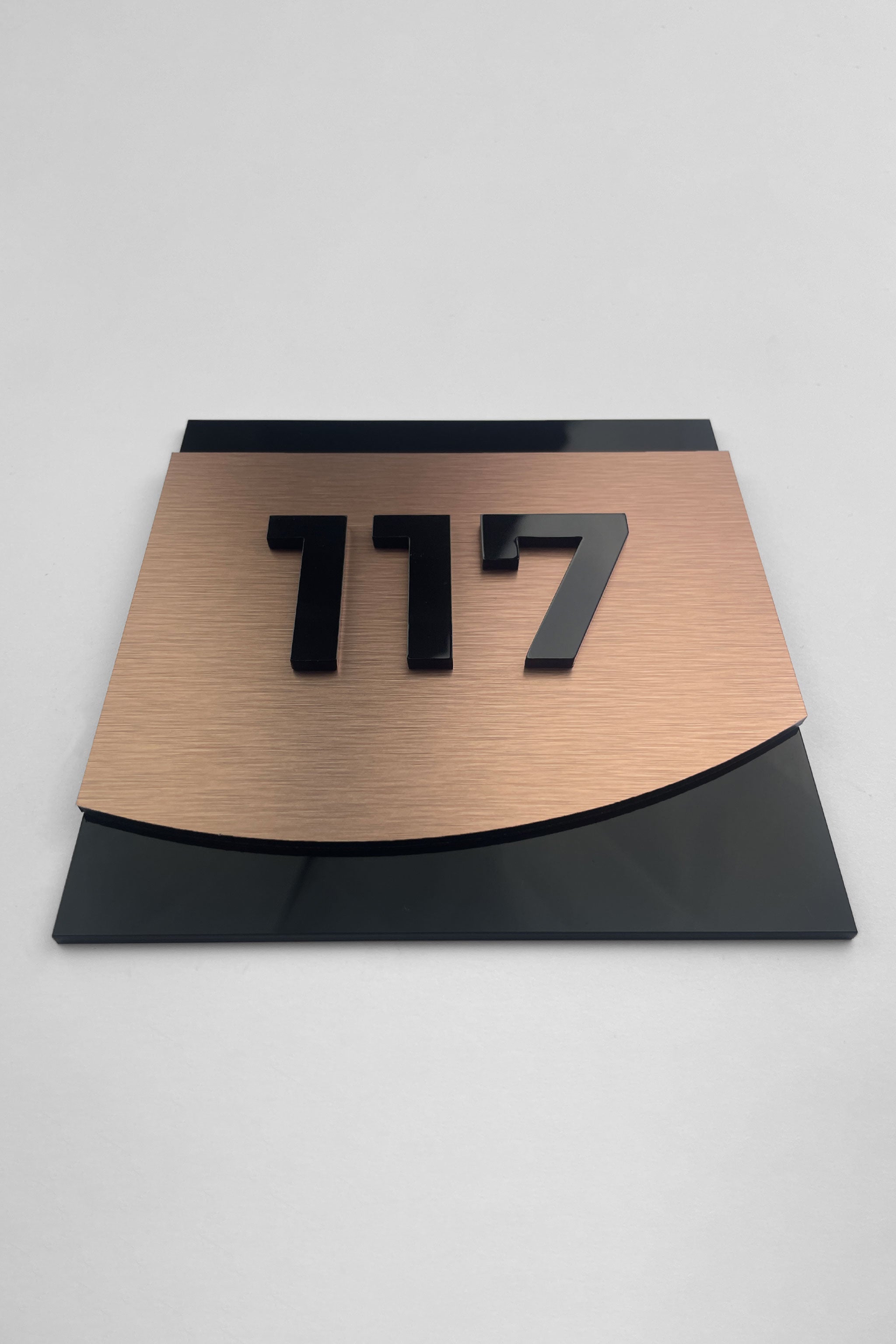 ALUMADESIGNCO bronze hotel door number plaque with 3D layered acrylic numbers, modern signage for hotels, Airbnb properties, and residential buildings