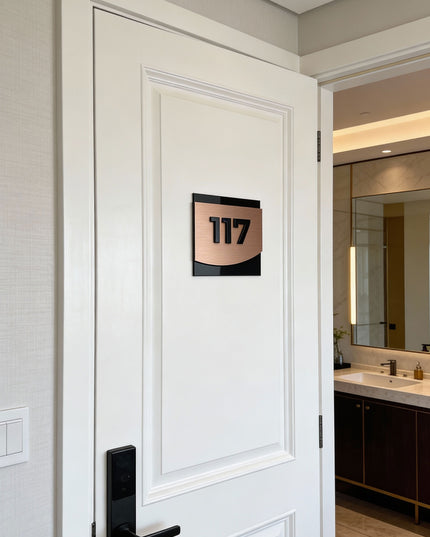 Premium 3D layered hotel room number plaque by ALUMADESIGNCO featuring bronze metal plaque and acrylic numbers, modern door signage for hotels and offices