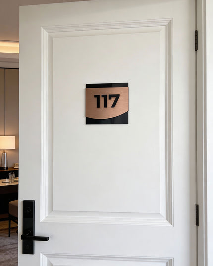 ALUMADESIGNCO bronze metal and black acrylic 3D layered hotel room signage with elegant modern style, stylish door signage for hotels, apartments, Airbnb properties, and offices
