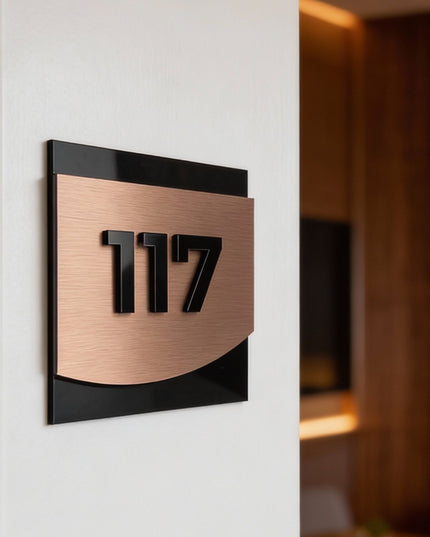 ALUMADESIGNCO premium 3D layered hotel room signage with bronze metal plaque and black acrylic numbers, modern door signage for boutique hotels, apartments, and interiors