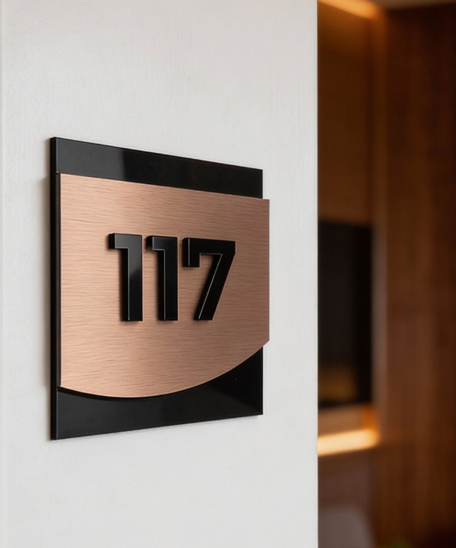 ALUMADESIGNCO premium 3D layered hotel room signage with bronze metal plaque and black acrylic numbers, modern door signage for boutique hotels, apartments, and interiors