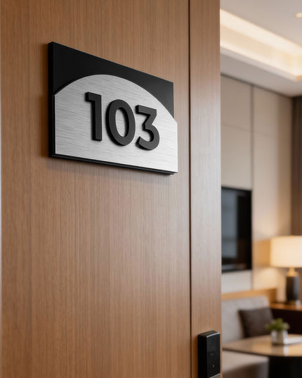 ALUMADESIGNCO Flow Design custom 3D layered room number signage with raised acrylic numbers, modern door signage for hotels, apartments, Airbnb properties, and offices
