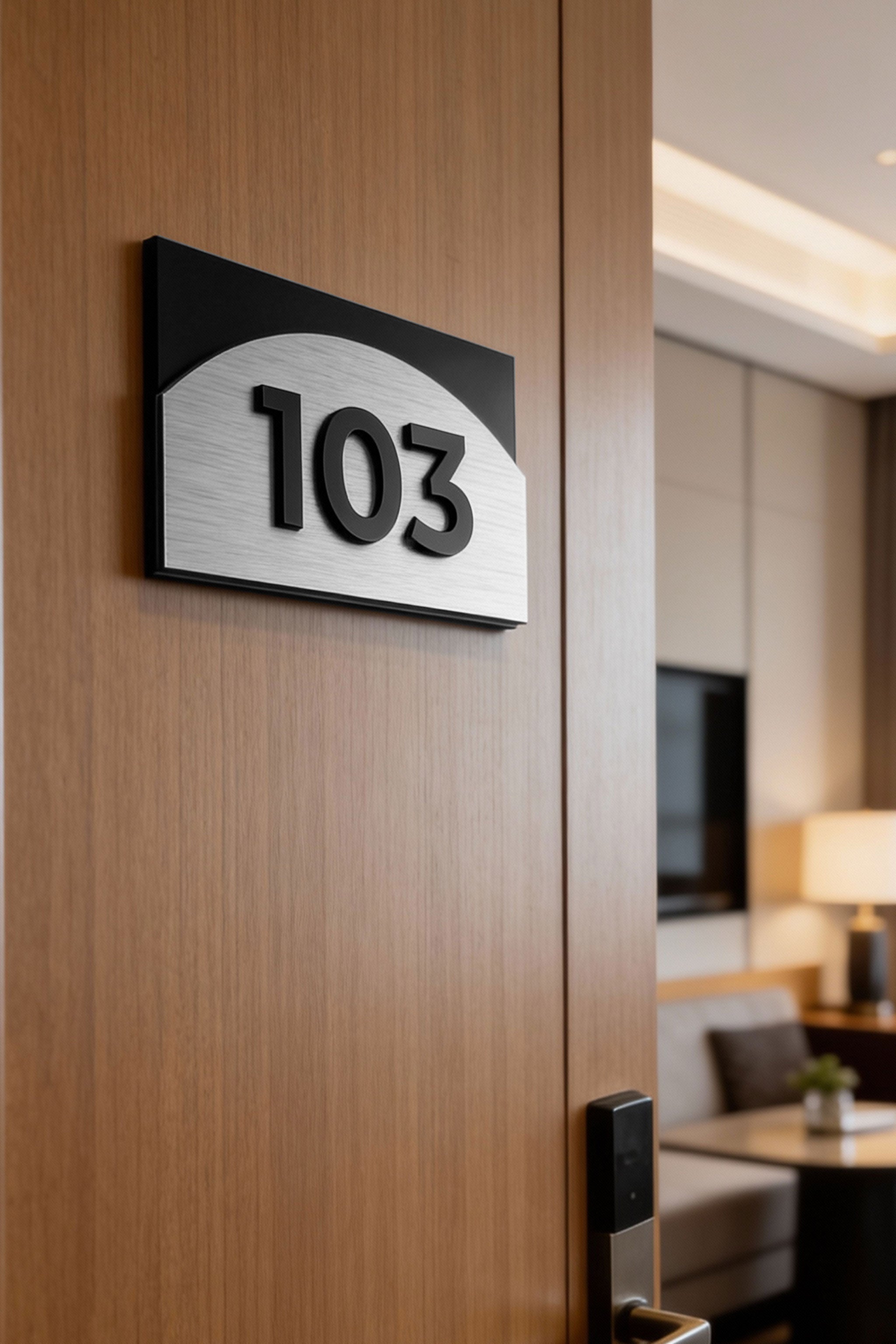 ALUMADESIGNCO Flow Design custom 3D layered room number signage with raised acrylic numbers, modern door signage for hotels, apartments, Airbnb properties, and offices
