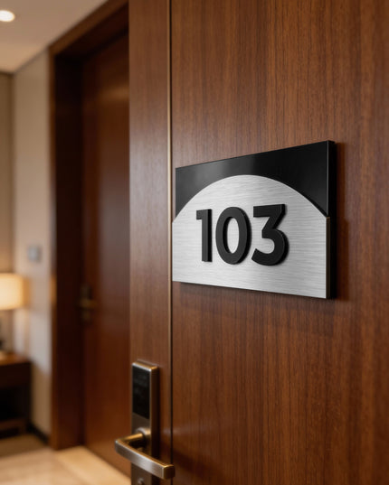 Modern Flow Design custom 3D layered room number plaque by ALUMADESIGNCO combining layered materials and acrylic numbers, stylish door signage for hospitality interiors