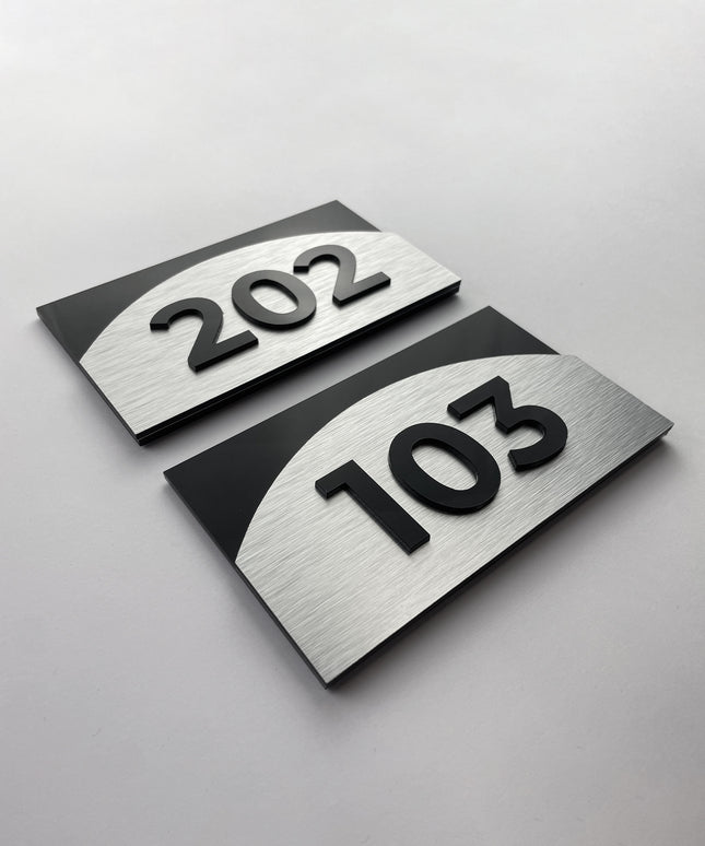 Premium Flow custom 3D layered room number sign by ALUMADESIGNCO featuring raised numbers, elegant door signage for hotels, apartments, and contemporary interiors