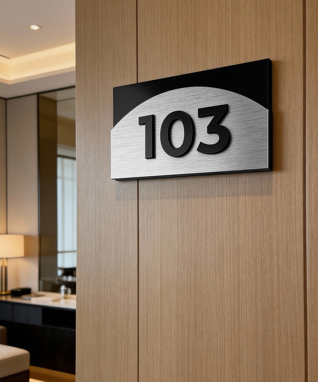 ALUMADESIGNCO Flow Design custom layered room number sign with 3D acrylic numbers, modern signage for boutique hotels, Airbnb properties, and offices