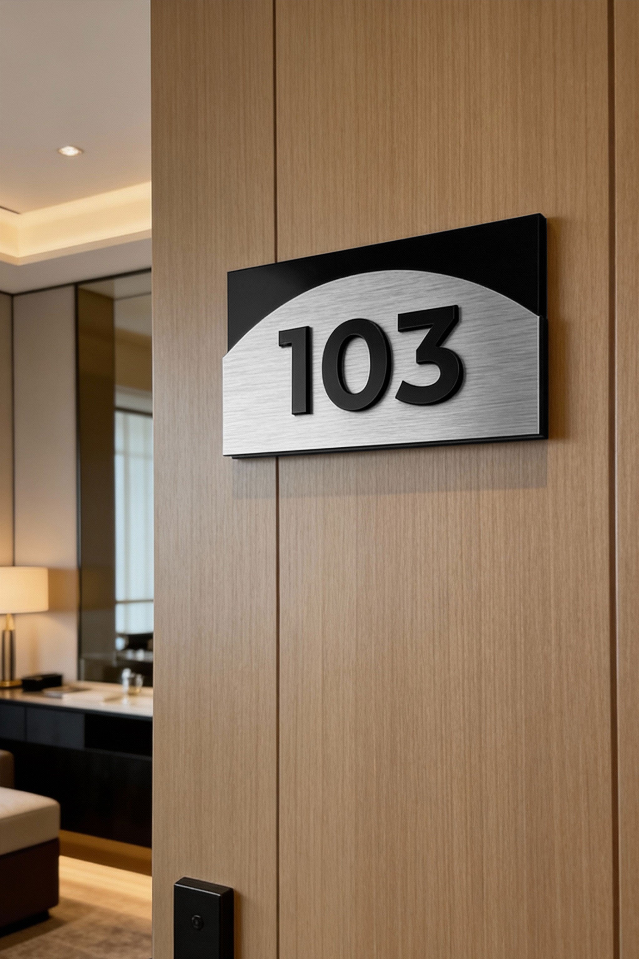ALUMADESIGNCO Flow Design custom layered room number sign with 3D acrylic numbers, modern signage for boutique hotels, Airbnb properties, and offices